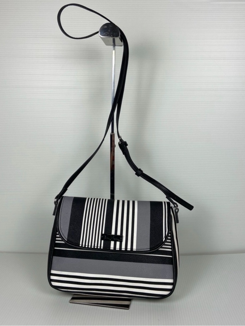 Vera Bradley Black White Gray Stripe Faux Leather Crossbody Flap Bag